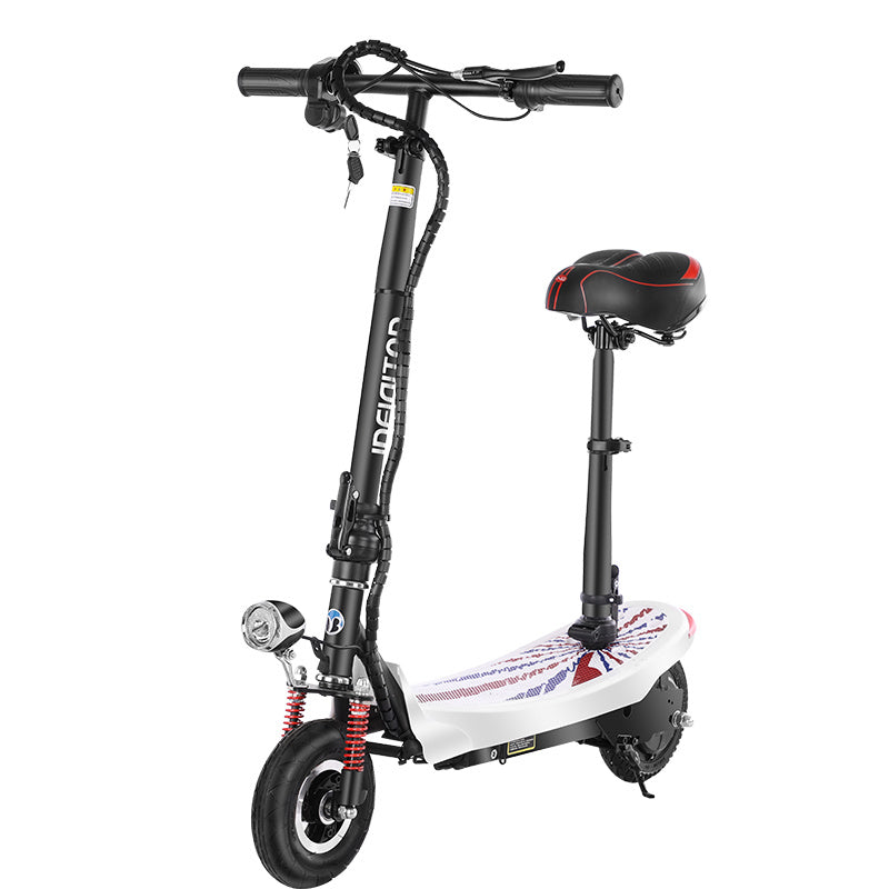 Foldable Frame Electric Scooter E-scooter, Adjustable height seat option available, Dual front shocks