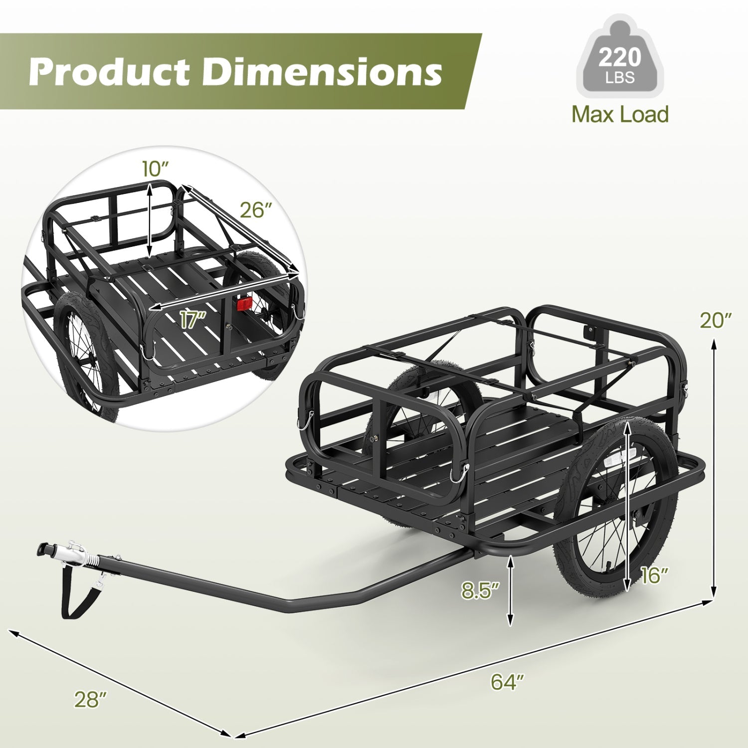 Bicycle and EBike Heavy-Duty Cargo Trailer Bicycle Wagon Cart with Universal Hitch-Black