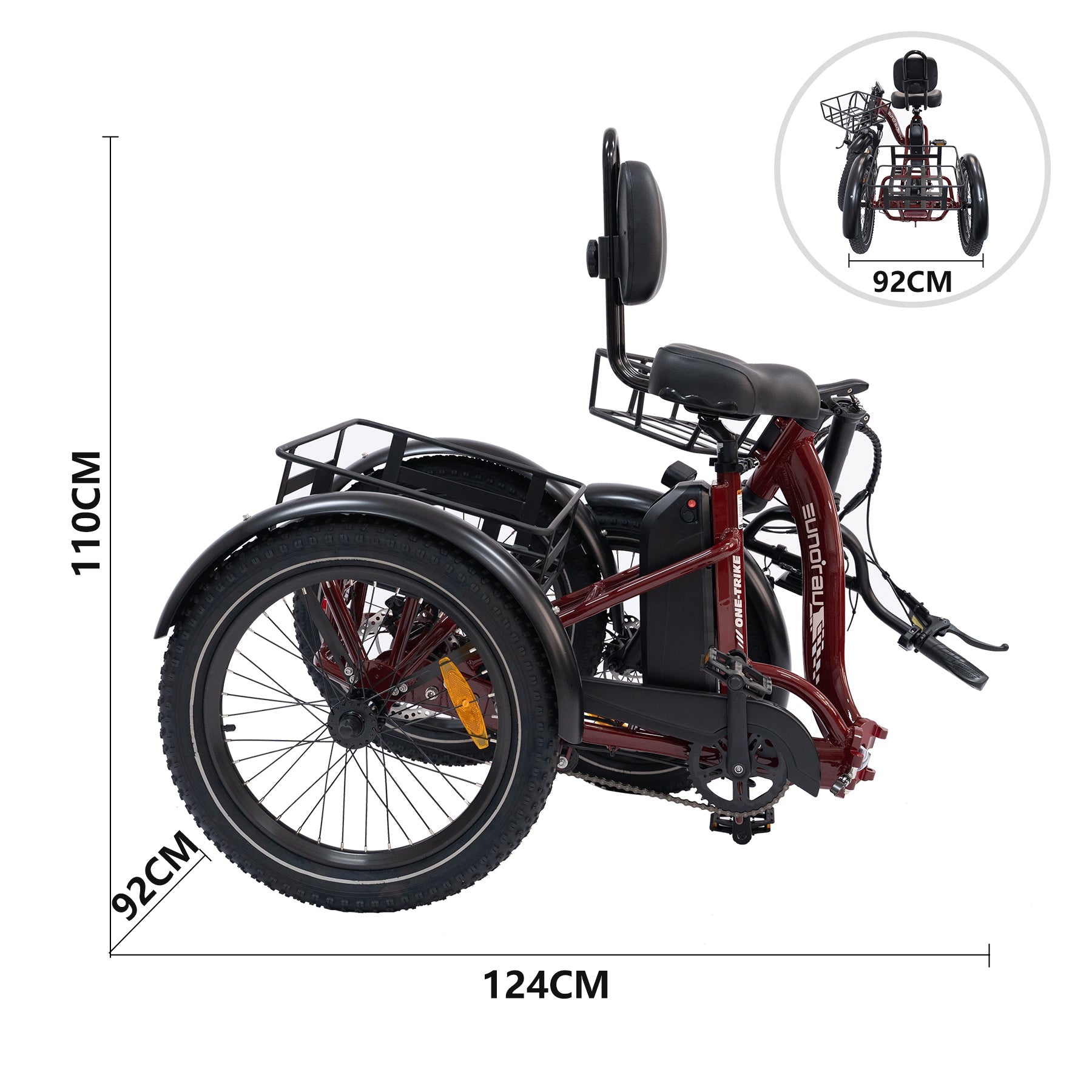 Eunorau Electric Tricycle ONE-TRIKE 2.0, 50 mile range, Adjustable Seat, Foldable, Front/Rear Cargo Carriers